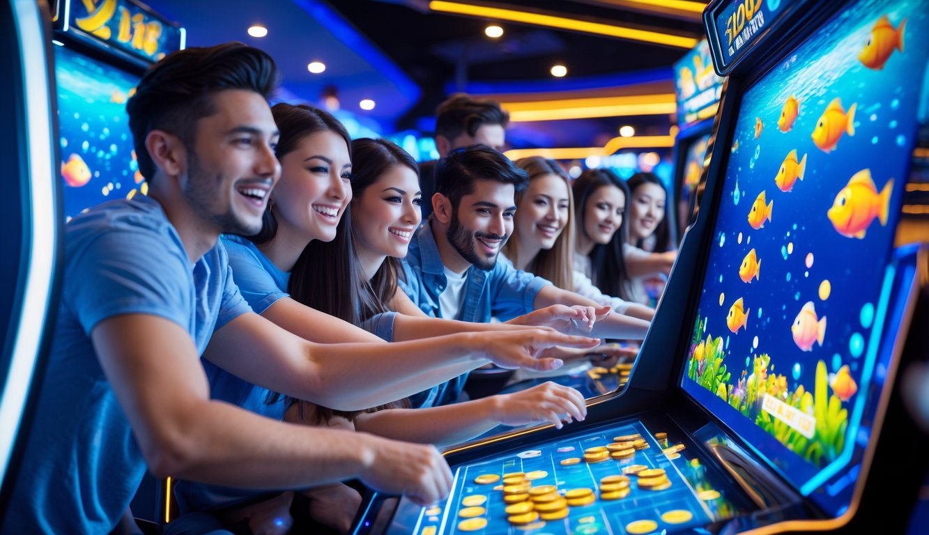 Orang-orang bermain game tembak ikan di mesin arcade dengan latar bawah laut dan suasana kasino yang cerah dan menyenangkan.