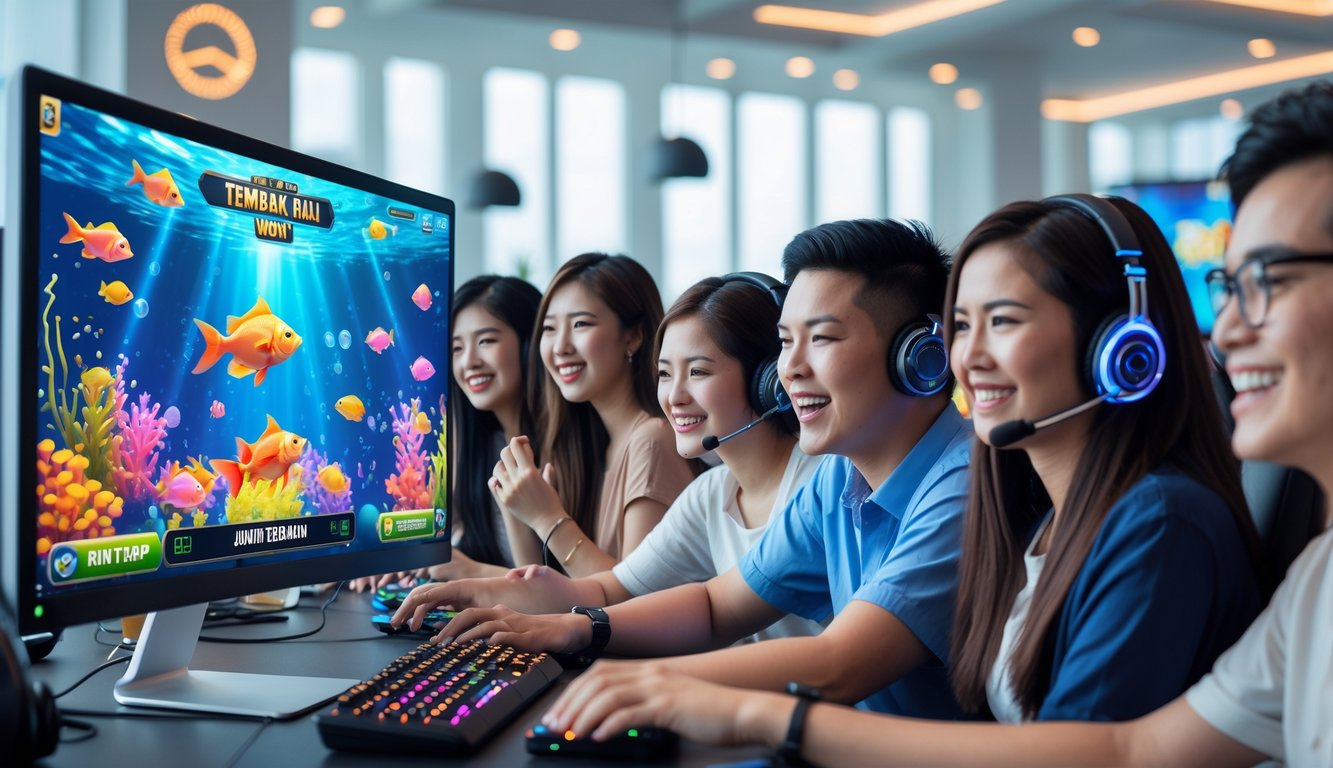 Sekelompok orang muda sedang bermain permainan judi tembak ikan di depan layar komputer dengan grafis ikan warna-warni di suasana ruang bermain yang modern dan terang.