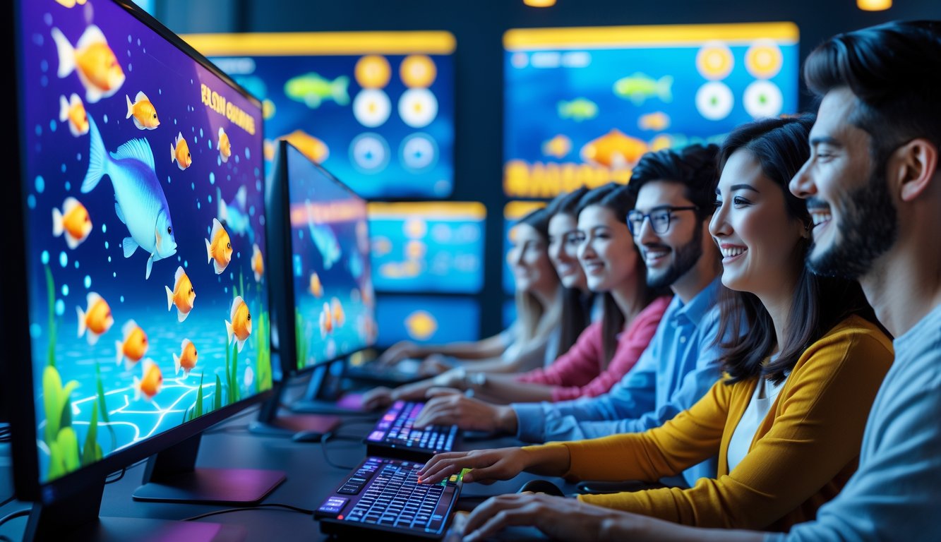 Sekelompok orang muda bermain game tembak ikan di komputer dengan layar penuh warna dan suasana menyenangkan.