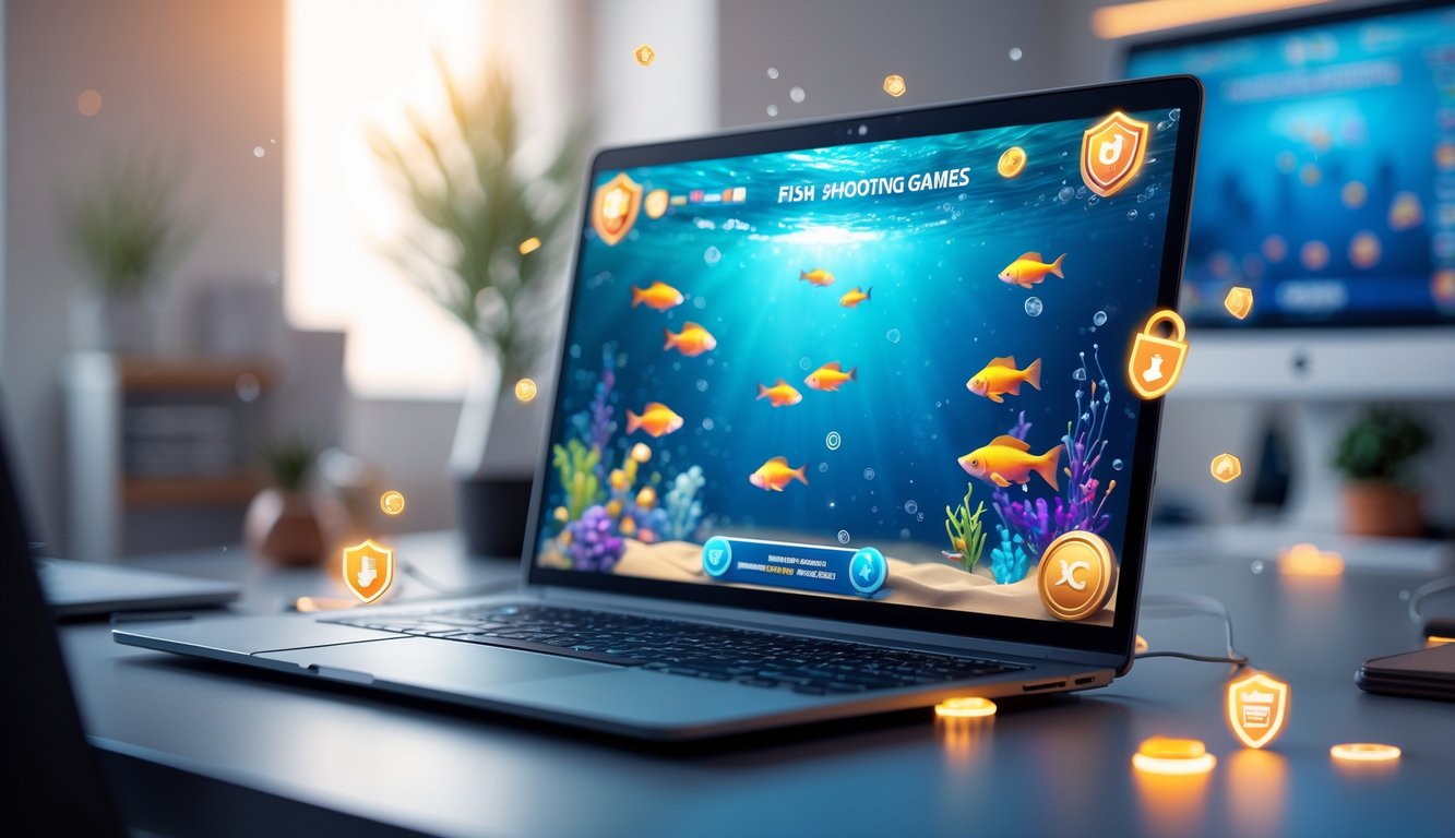 Seorang pengguna bermain game tembak ikan di komputer dengan latar belakang meja kerja yang rapi dan pencahayaan hangat.