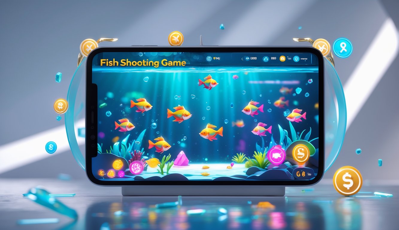 Seseorang bermain game tembak ikan di perangkat digital dengan latar belakang bawah laut dan ikon bonus yang bersinar.