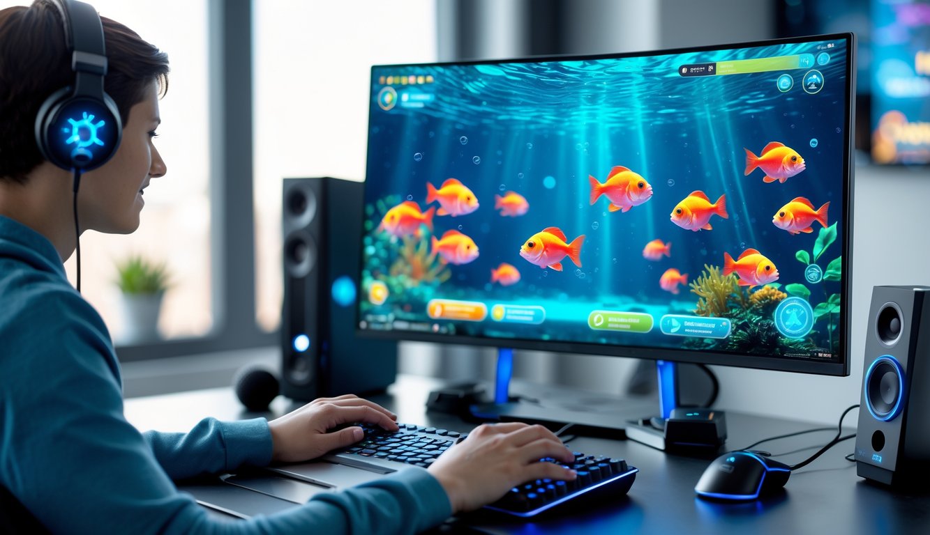 Seorang pemain sedang bermain game tembak ikan online di komputer dengan latar belakang ruangan yang nyaman dan terang.