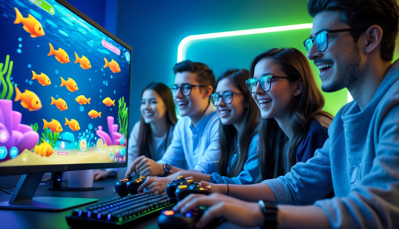Sekelompok orang muda sedang bermain game menembak ikan di komputer dengan latar ruangan bercahaya biru hijau.