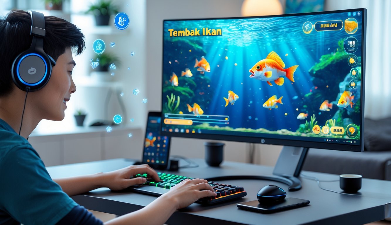 Seorang gamer muda sedang bermain permainan tembak ikan di komputer dengan latar belakang grafis bawah laut berwarna-warni.