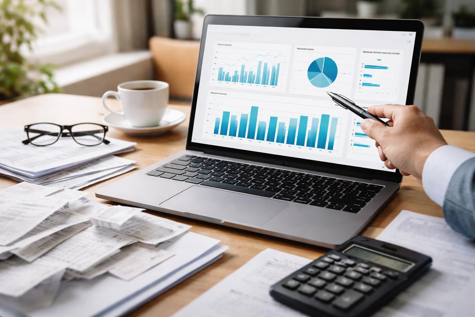 A person analyzing financial documents and a laptop screen showing graphs and spreadsheets in a modern workspace.