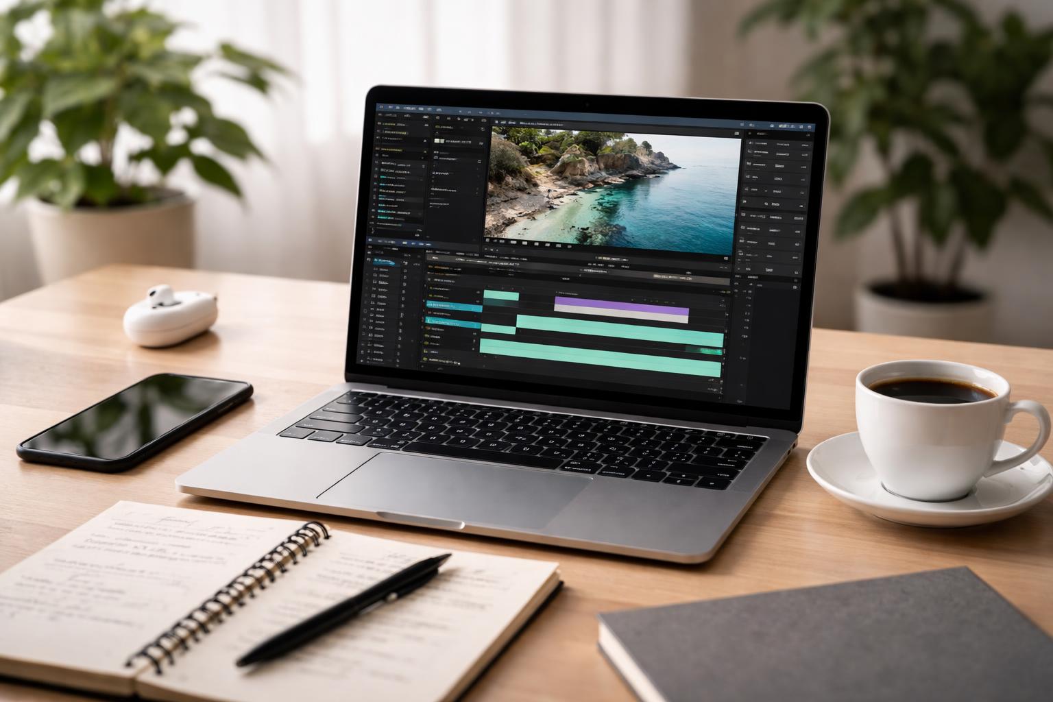 A modern workspace with a laptop showing video editing software, a smartphone, a notepad, and a cup of coffee on a desk with plants in the background.