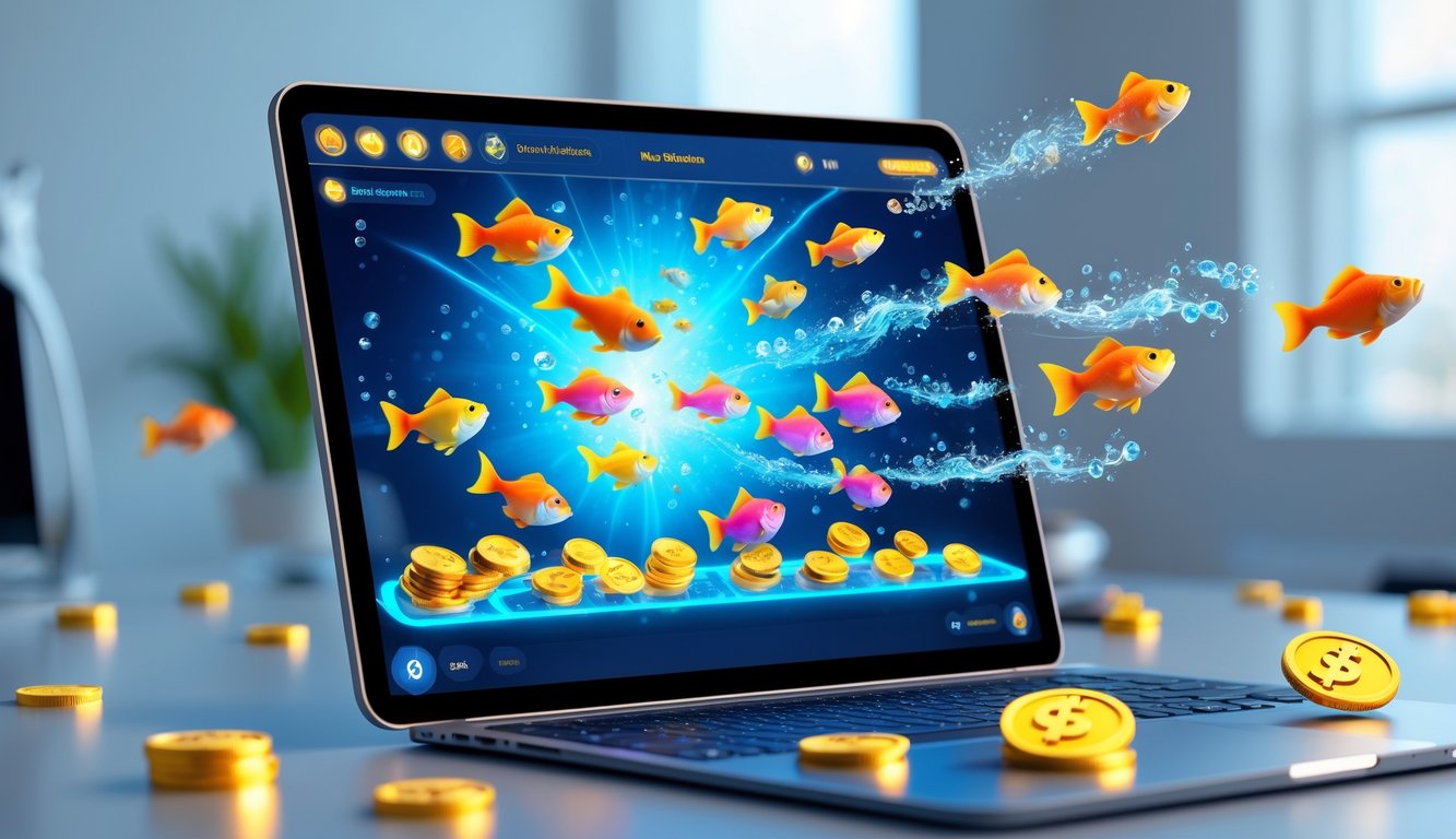 Seseorang bermain permainan judi tembak ikan di layar komputer dengan animasi ikan berwarna-warni dan ikon bonus di sekitar perangkat.