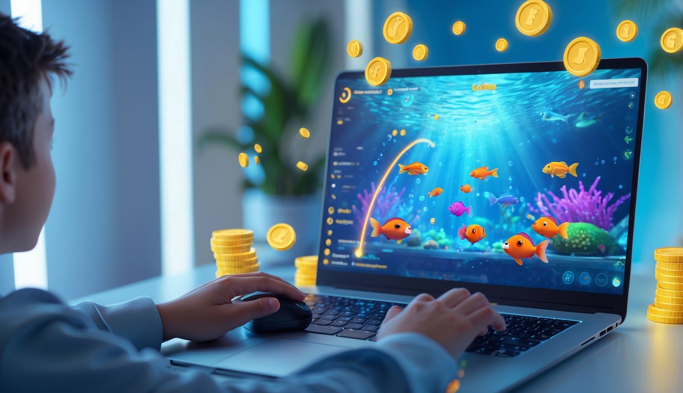 Seorang pemain muda sedang bermain permainan tembak ikan online di komputer dengan latar belakang tema bawah laut dan efek visual warna-warni.
