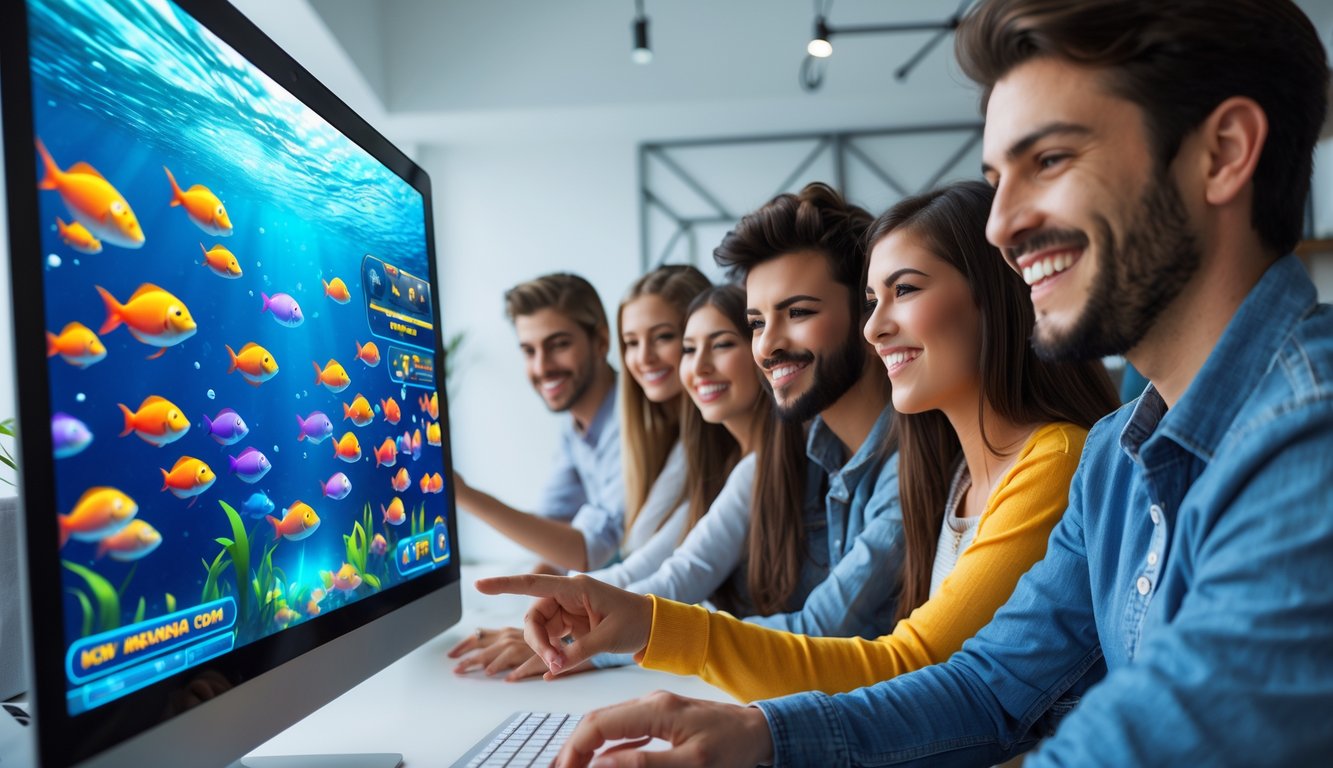 Sekelompok orang muda sedang bermain game ikan di layar komputer dengan ekspresi antusias di ruangan yang terang dan modern.