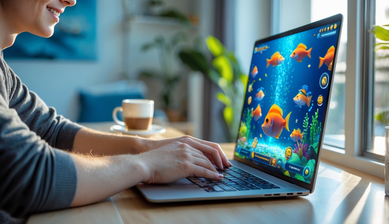 Seorang dewasa muda sedang bermain permainan judi tembak ikan di laptop di dalam ruangan yang nyaman dan terang.