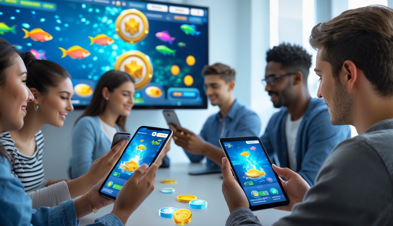 Sekelompok orang muda menggunakan perangkat digital untuk bermain game tembak ikan dengan latar belakang grafis ikan warna-warni dan simbol keamanan serta hadiah.