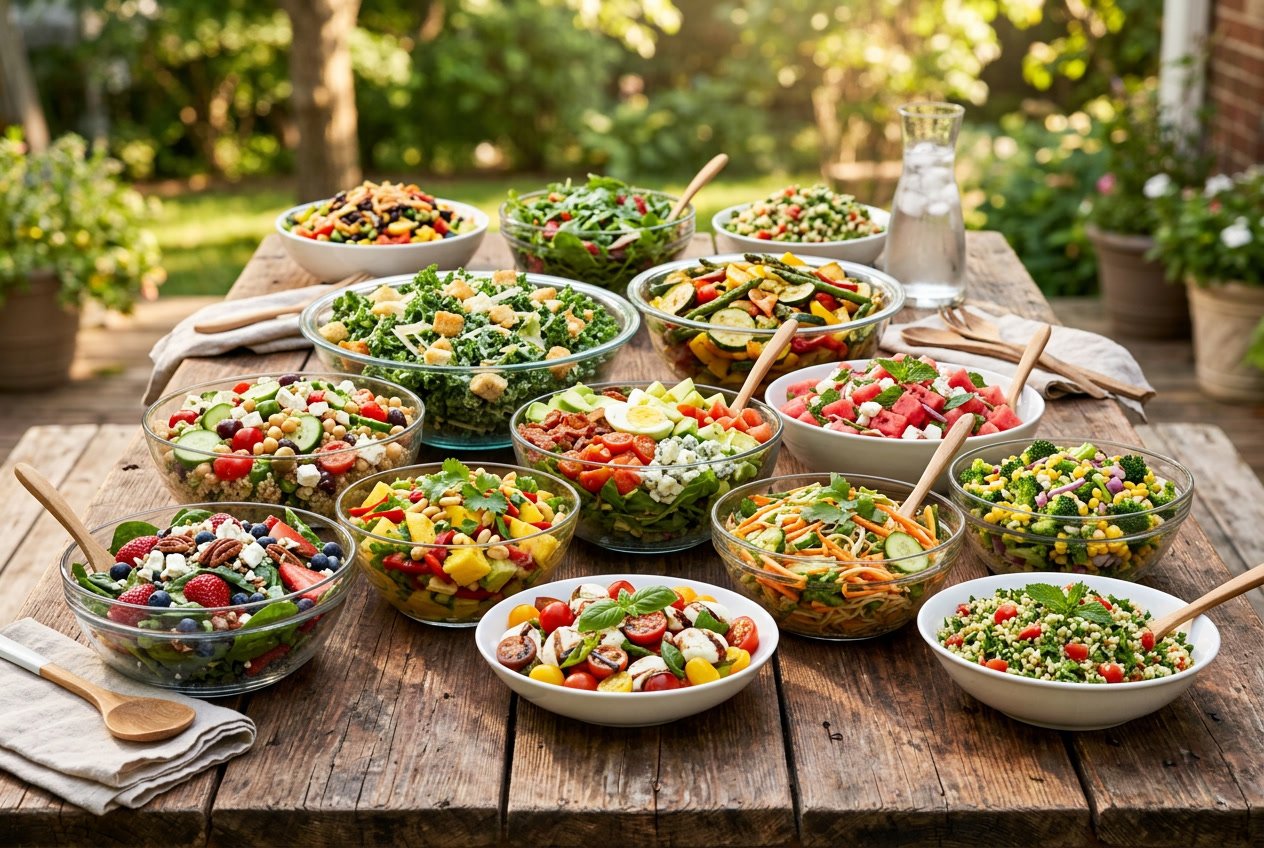 13 Summer Salad Recipes That Actually Got My Kids To Eat Their Veggies 32 Thirteen colorful summer salads arranged across a table in various bowls, filled with bright vegetables, fresh fruit, and herbs.