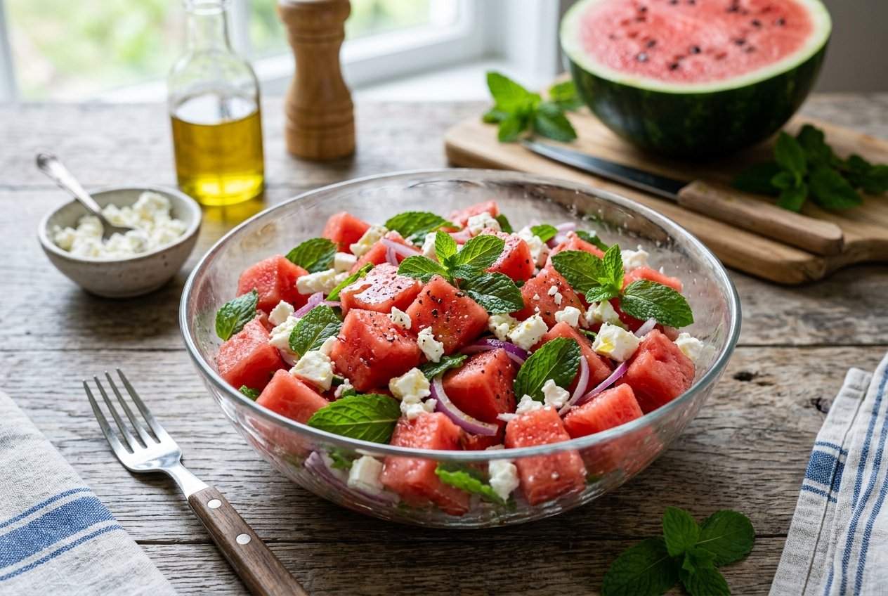 13 Summer Salad Recipes That Actually Got My Kids To Eat Their Veggies 33 A wide wooden bowl filled with bright pink watermelon cubes, crumbled white feta, and scattered fresh mint leaves, with a halved lime resting alongside.