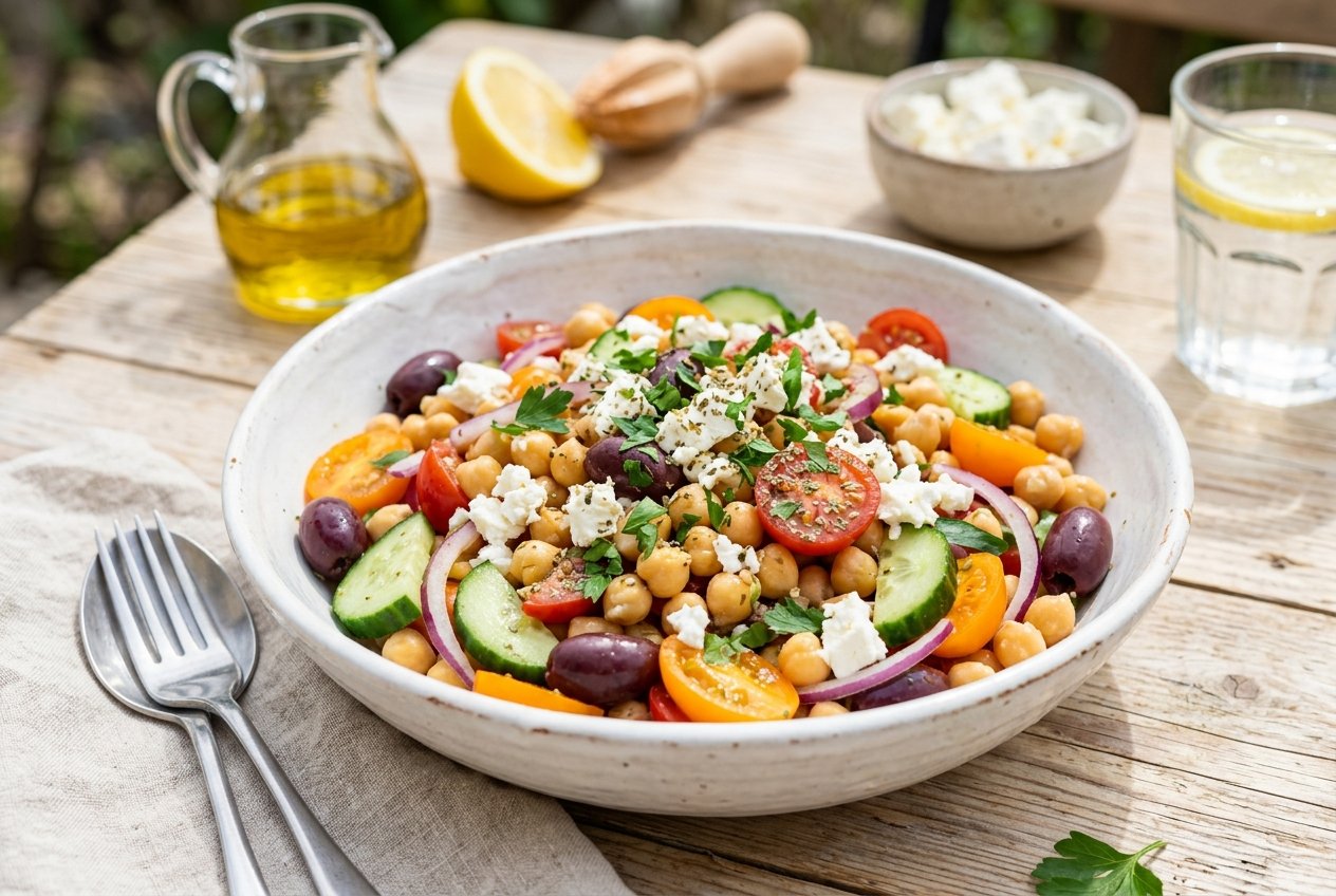 13 Summer Salad Recipes That Actually Got My Kids To Eat Their Veggies 34 A large bowl of Greek chickpea salad packed with golden chickpeas, halved cherry tomatoes, diced cucumber, sliced Kalamata olives, crumbled feta, and scattered fresh parsley on a wooden table.