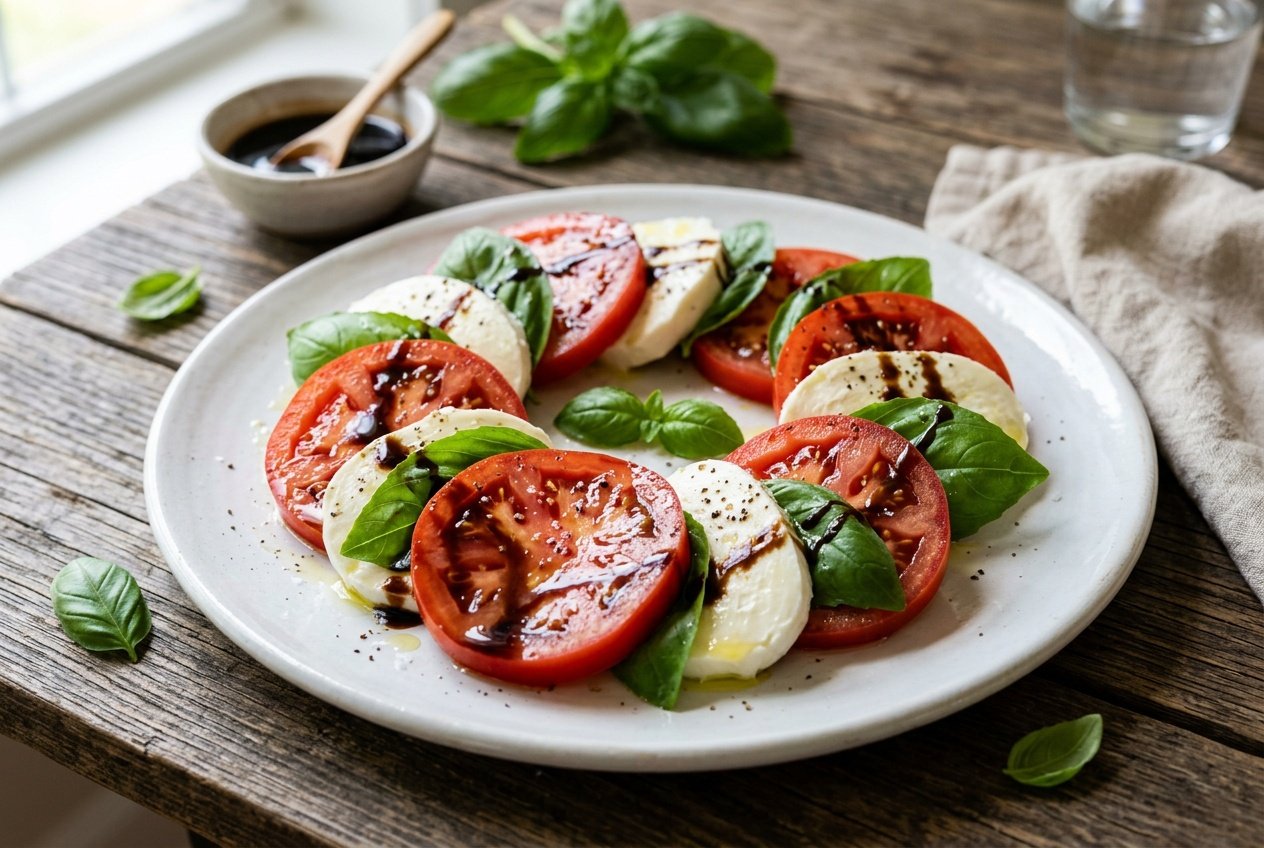 13 Summer Salad Recipes That Actually Got My Kids To Eat Their Veggies 35 Overlapping slices of ripe red tomato and fresh white mozzarella fanned across a wooden platter, topped with whole basil leaves and thin ribbons of dark balsamic glaze.