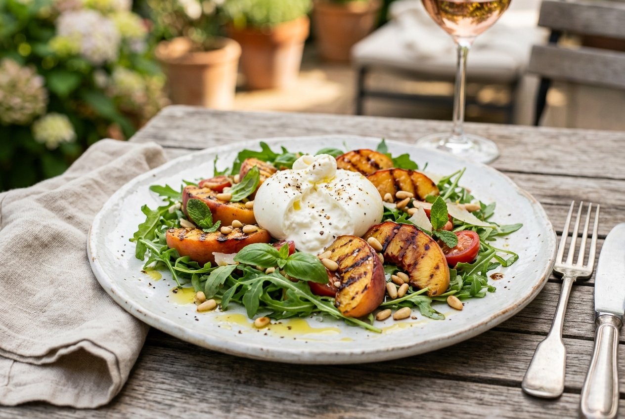 13 Summer Salad Recipes That Actually Got My Kids To Eat Their Veggies 36 A white platter scattered with peppery arugula, caramelized grilled peach halves, torn burrata cheese, pine nuts, and a dark balsamic glaze drizzle.