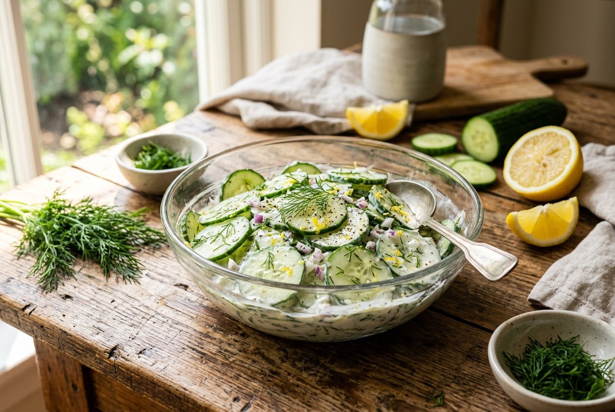 13 Summer Salad Recipes That Actually Got My Kids To Eat Their Veggies 37 A white ceramic bowl filled with thin cucumber rounds coated in a creamy white yogurt dressing flecked with green dill, with lemon halves and fresh dill sprigs arranged around the bowl on a wooden surface.