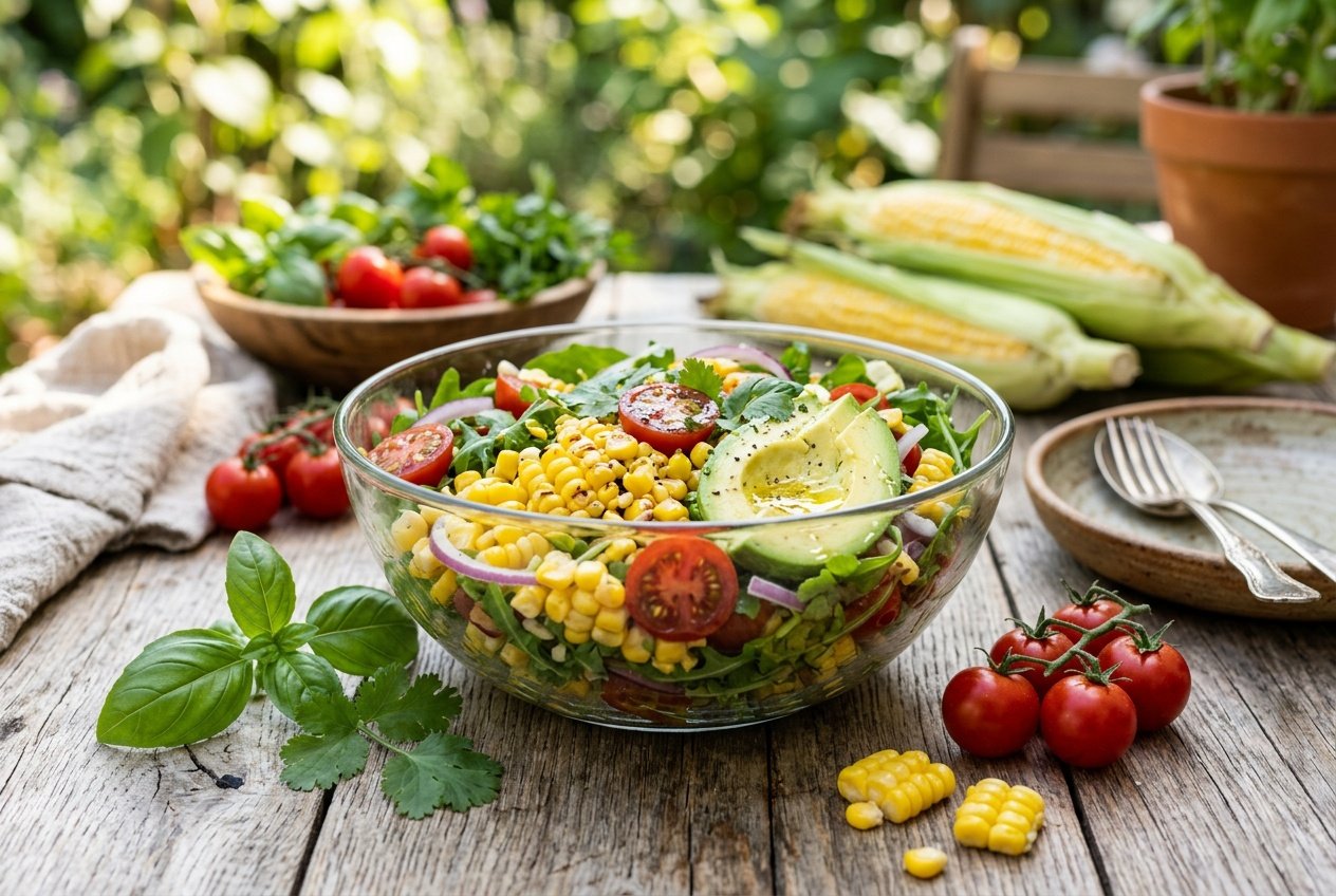 13 Summer Salad Recipes That Actually Got My Kids To Eat Their Veggies 38 A wide bowl filled with golden corn kernels, bright red halved cherry tomatoes, and pale green avocado chunks with a lime wedge resting on the rim.