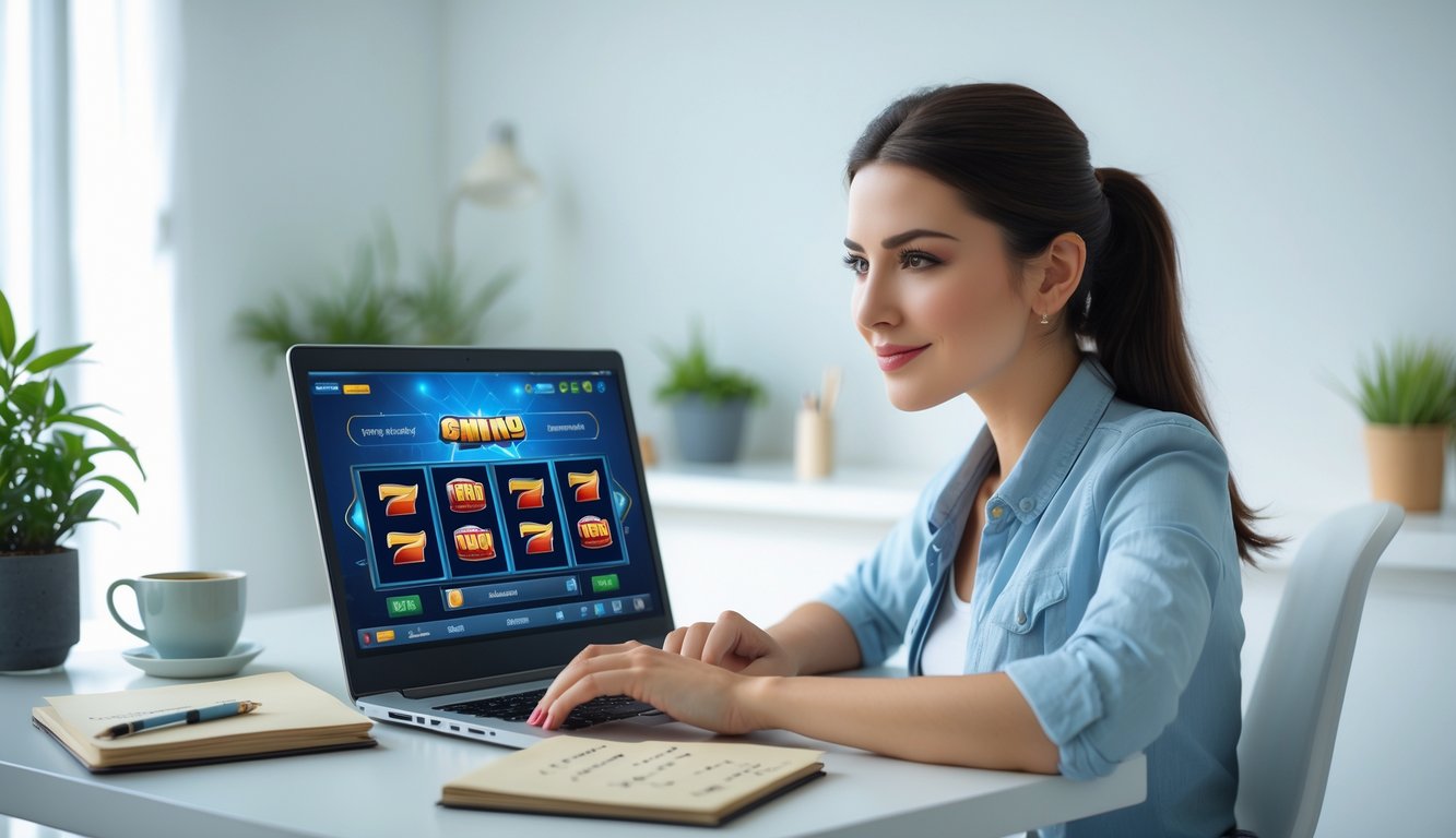 Seorang wanita muda duduk di meja dengan laptop, fokus bermain permainan slot online di ruangan yang terang dan rapi.