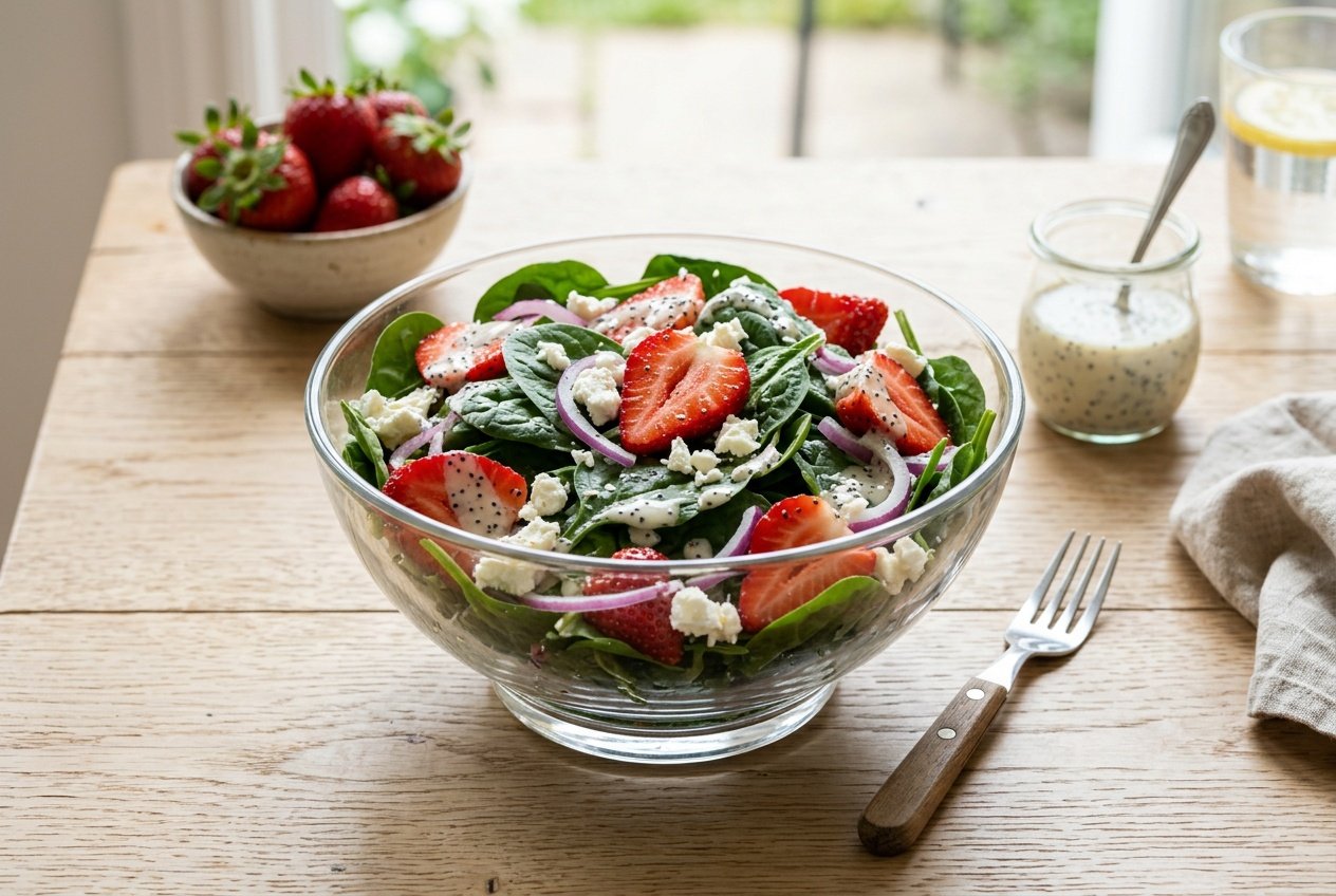13 Summer Salad Recipes That Actually Got My Kids To Eat Their Veggies 39 A large bowl of dark green baby spinach layered with sliced bright red strawberries, crumbled white feta, and chopped pecans, with a small dish of creamy poppy seed dressing alongside on a wooden table.