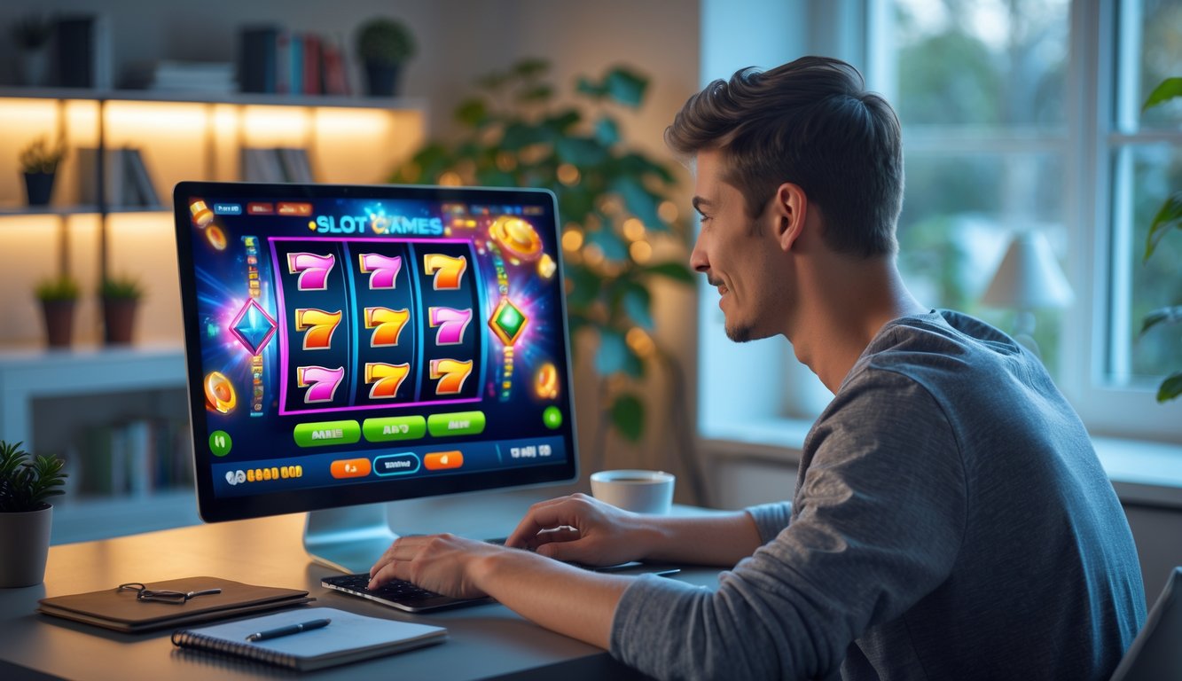 Seorang pria muda fokus bermain permainan slot online di laptop di meja dengan suasana ruangan yang nyaman dan pencahayaan hangat.
