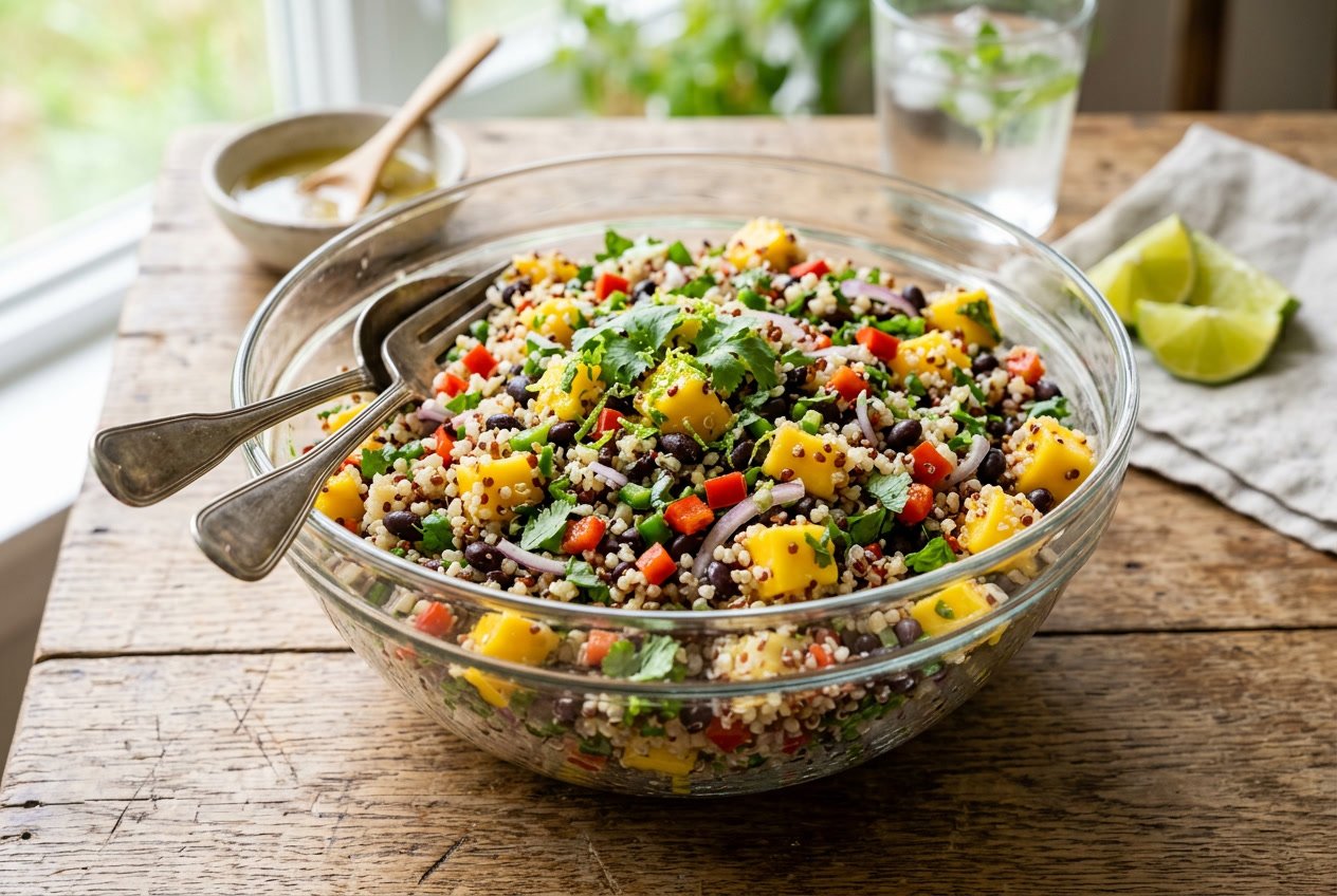 13 Summer Salad Recipes That Actually Got My Kids To Eat Their Veggies 40 A deep bowl packed with fluffy white quinoa, bright orange mango cubes, black beans, diced red bell pepper, chopped red onion, and fresh cilantro on a wooden table.