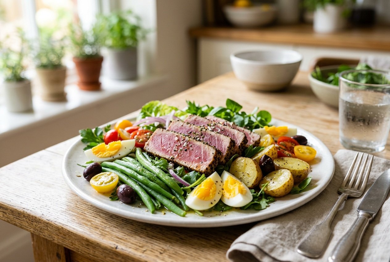 13 Summer Salad Recipes That Actually Got My Kids To Eat Their Veggies 41 A wide plate arranged with sliced seared tuna, halved hard-boiled eggs, crisp green beans, baby potatoes, cherry tomatoes, black olives, and chopped romaine, drizzled with Dijon vinaigrette.