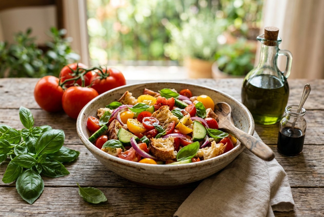 13 Summer Salad Recipes That Actually Got My Kids To Eat Their Veggies 42 A rustic bowl of Italian panzanella with golden toasted bread cubes soaking in tomato juices, surrounded by chopped ripe tomatoes, sliced cucumber, thin red onion rings, and fresh basil, with whole tomatoes and a bottle of olive oil in the background.