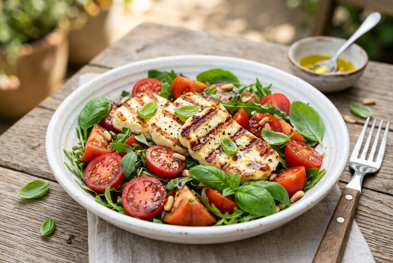 13 Summer Salad Recipes That Actually Got My Kids To Eat Their Veggies 43 A shallow bowl of grilled halloumi slices with distinct golden grill marks resting on a bed of halved cherry tomatoes and torn fresh basil leaves, drizzled with olive oil.