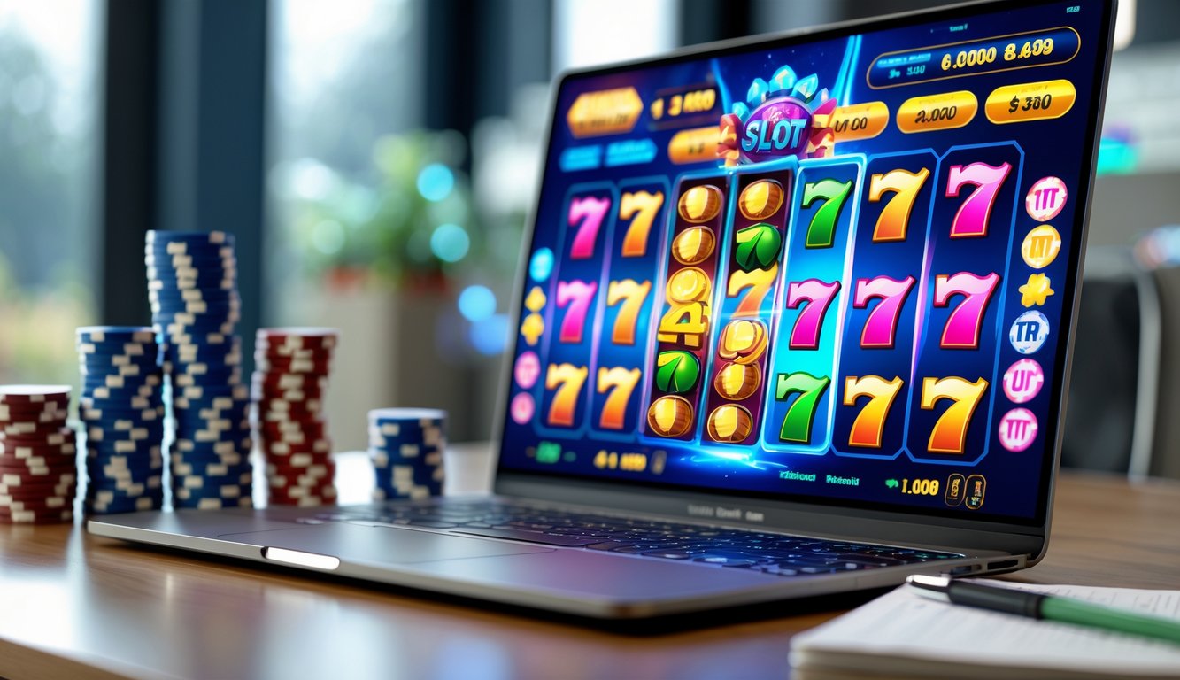 Seorang pengguna komputer dengan layar menampilkan permainan slot online berwarna cerah, dikelilingi oleh tumpukan chip poker dan kartu bermain di atas meja.