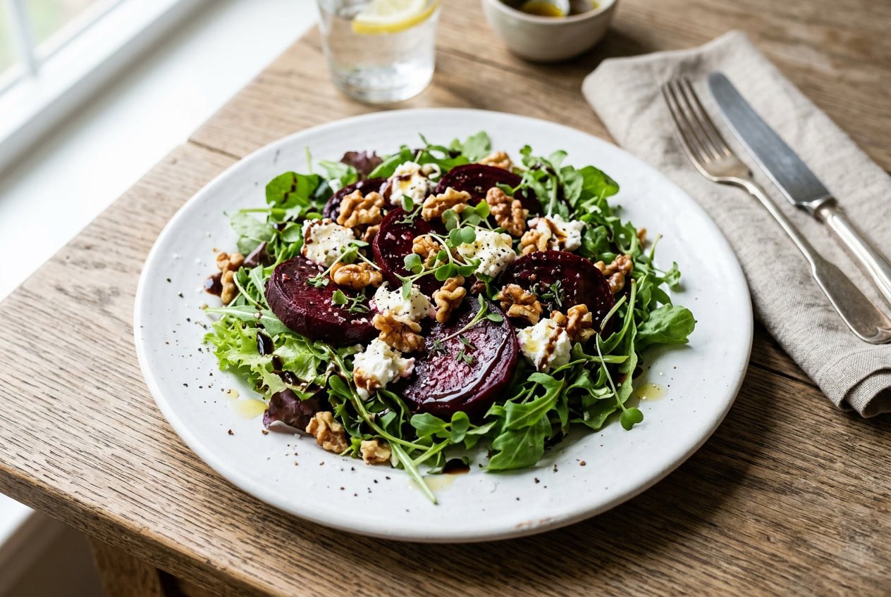 13 Summer Salad Recipes That Actually Got My Kids To Eat Their Veggies 44 A wide plate of mixed dark greens topped with deep magenta roasted beet wedges, crumbled white goat cheese, and roughly chopped toasted walnuts, with a honey balsamic dressing pooling around the edges.