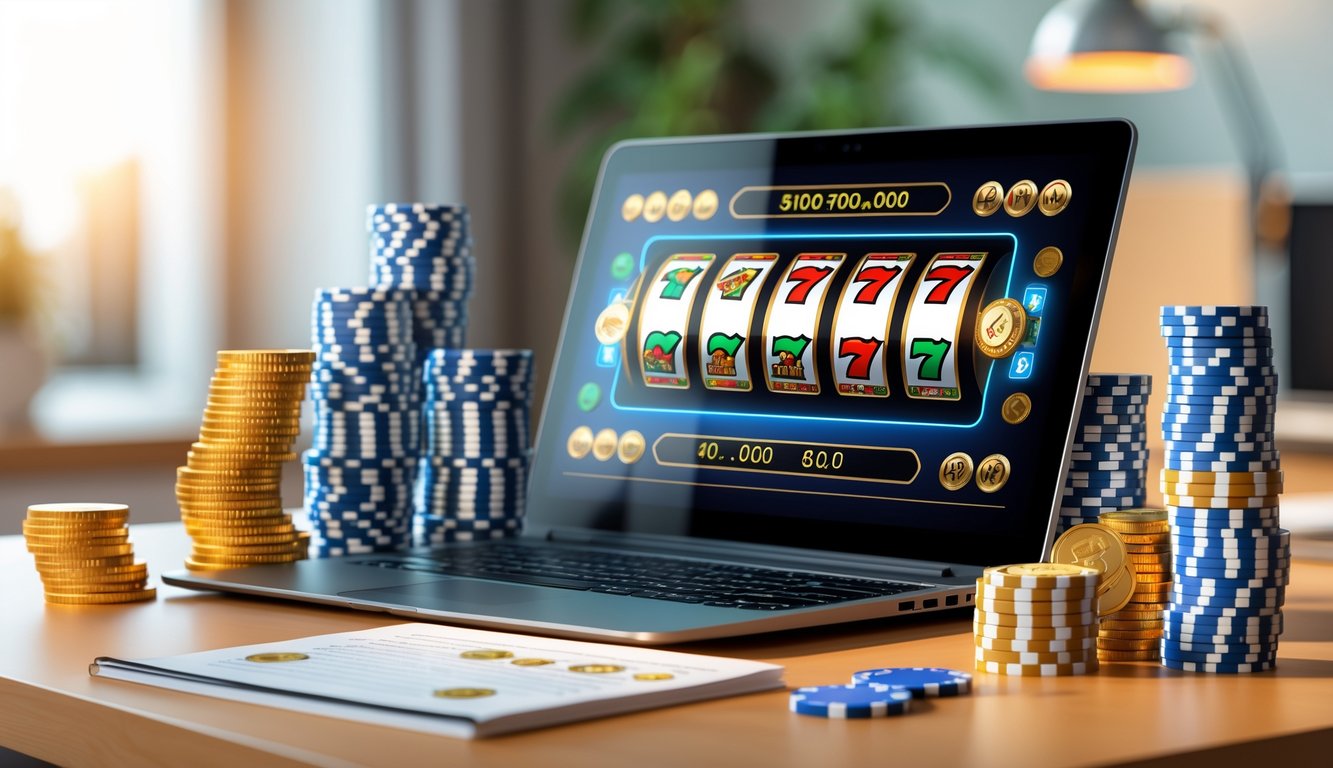 Seorang pemain duduk di depan laptop dengan layar menampilkan permainan slot online, dikelilingi oleh tumpukan koin dan catatan strategi.