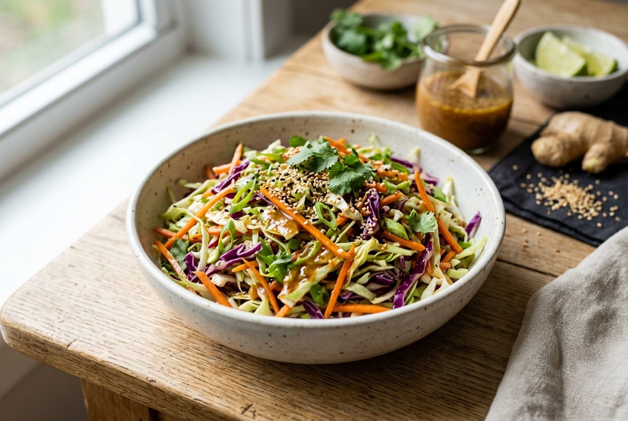 13 Summer Salad Recipes That Actually Got My Kids To Eat Their Veggies 45 A deep bowl of shredded green and purple cabbage slaw flecked with orange carrot ribbons, sliced green onions, and cilantro, scattered with white sesame seeds, on a wooden surface.