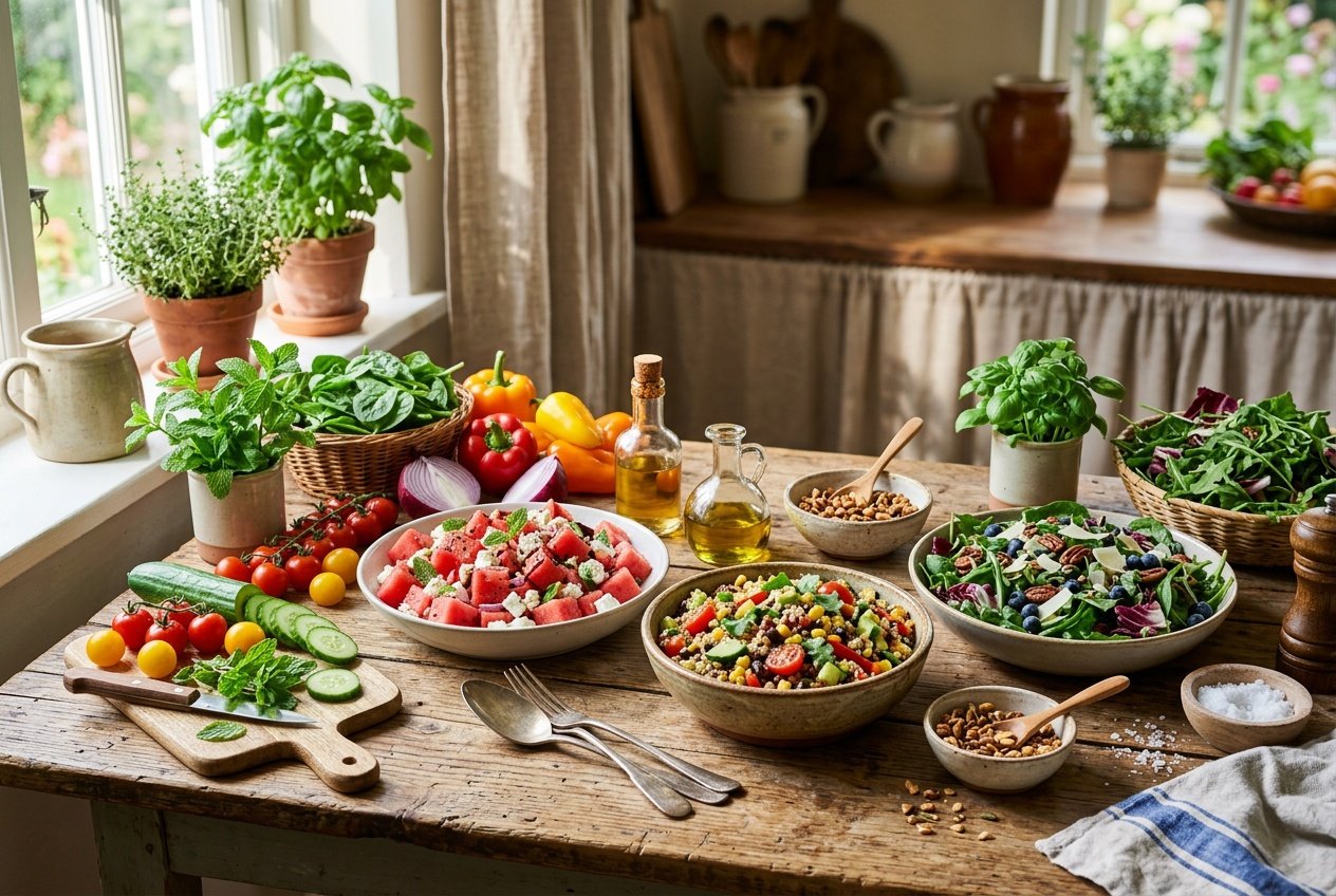 13 Summer Salad Recipes That Actually Got My Kids To Eat Their Veggies 46 A bright kitchen counter scattered with fresh summer salad ingredients including halved tomatoes, cucumber slices, leafy greens, and several assembled bowls of colorful salads in warm afternoon light.