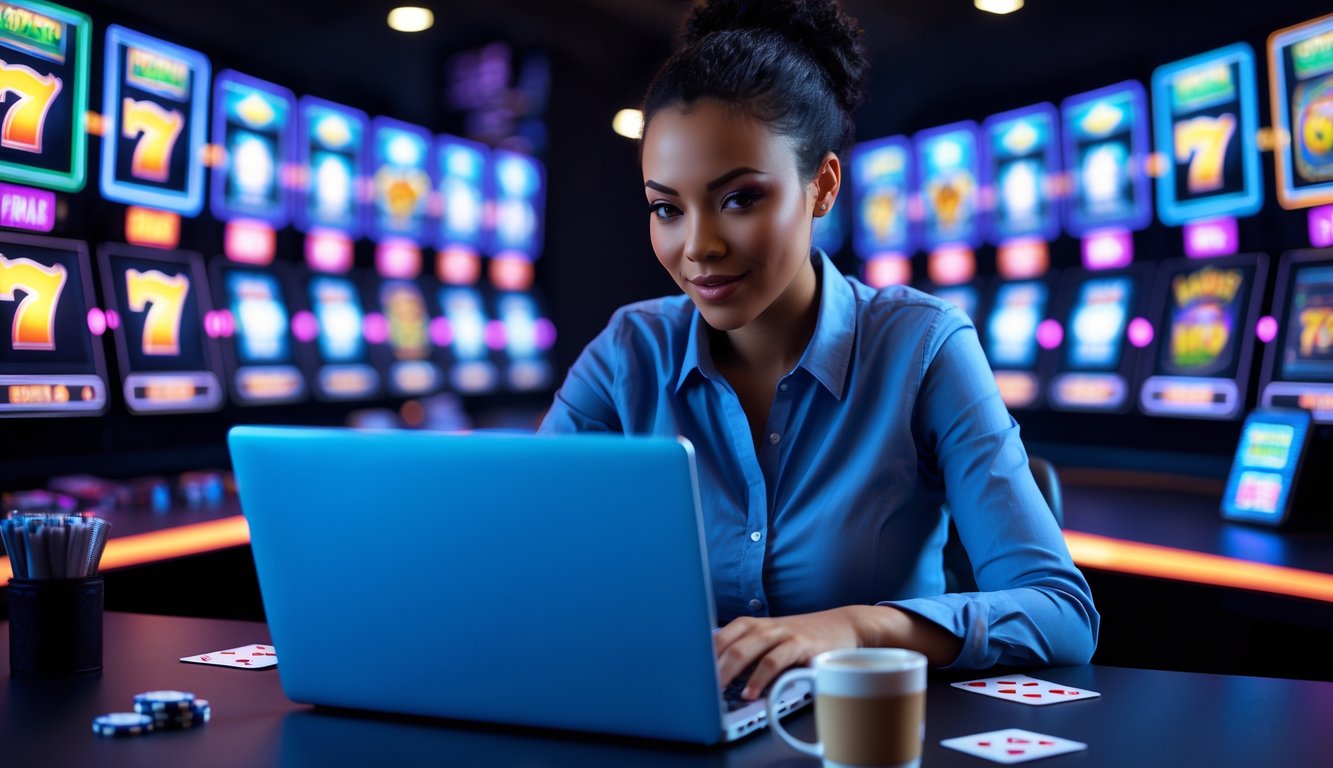 Seseorang duduk di meja dengan laptop, dikelilingi layar yang menampilkan mesin slot digital yang menyala.