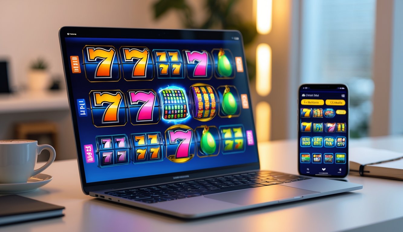 Seorang pengguna bermain permainan slot online di laptop dan ponsel di atas meja kerja yang rapi.