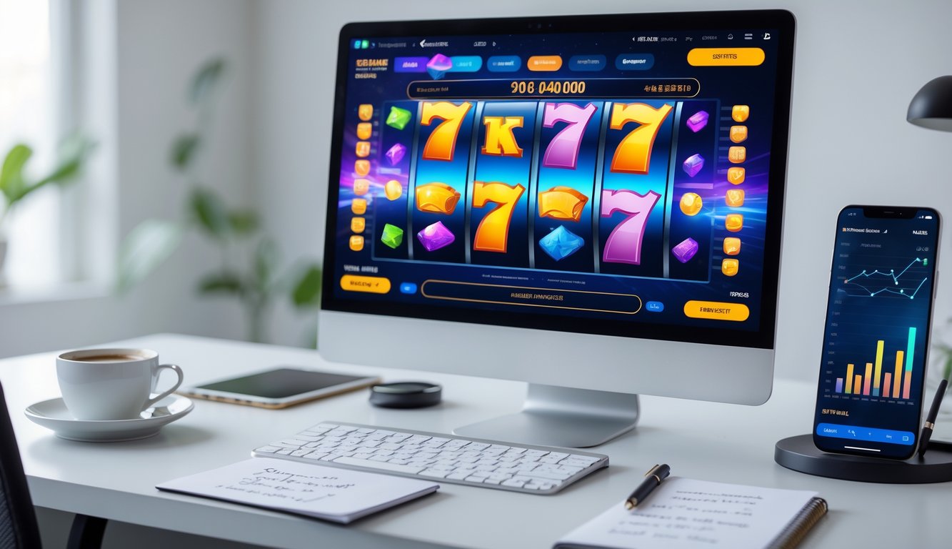 Seorang pengguna sedang bermain slot online di komputer dengan layar menampilkan permainan slot yang berwarna-warni, di sampingnya terdapat ponsel yang menunjukkan grafik data dan meja kerja yang rapi.