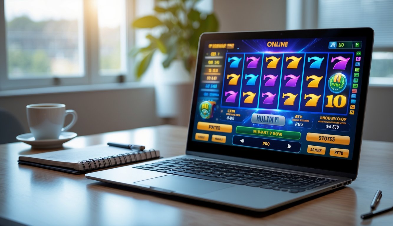 Seorang pria menggunakan laptop di meja kerja dengan permainan slot online terbuka di layar, di sampingnya ada buku catatan dan secangkir kopi.