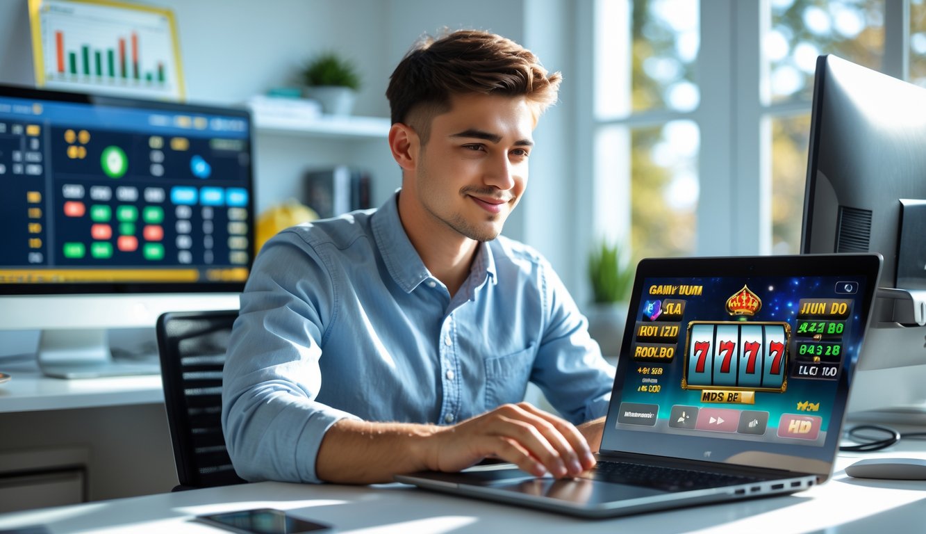 Seorang pria muda duduk di meja kerja modern, fokus bermain permainan slot online di laptop di ruang kerja yang terang dan rapi.