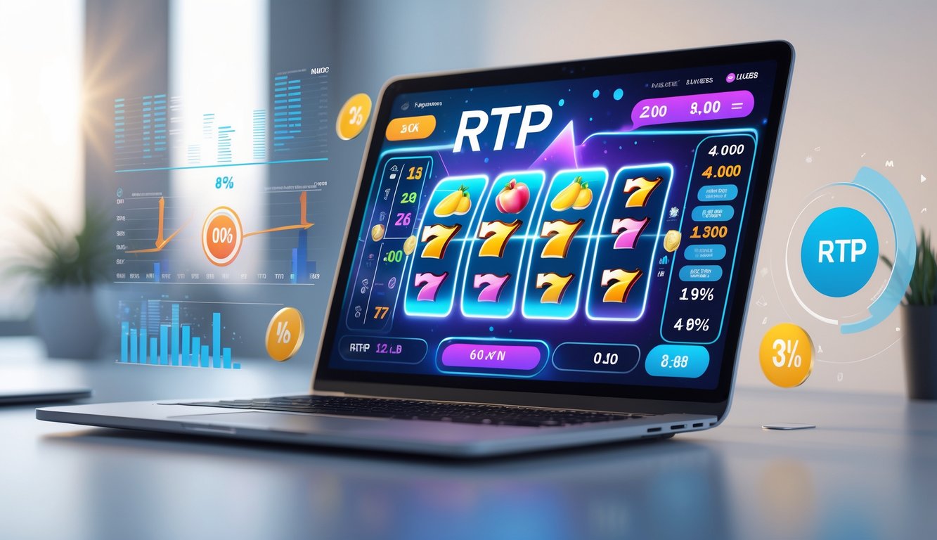 Seorang pria menggunakan laptop yang menampilkan permainan slot online dengan grafik berwarna-warni dan elemen data di sekitarnya.