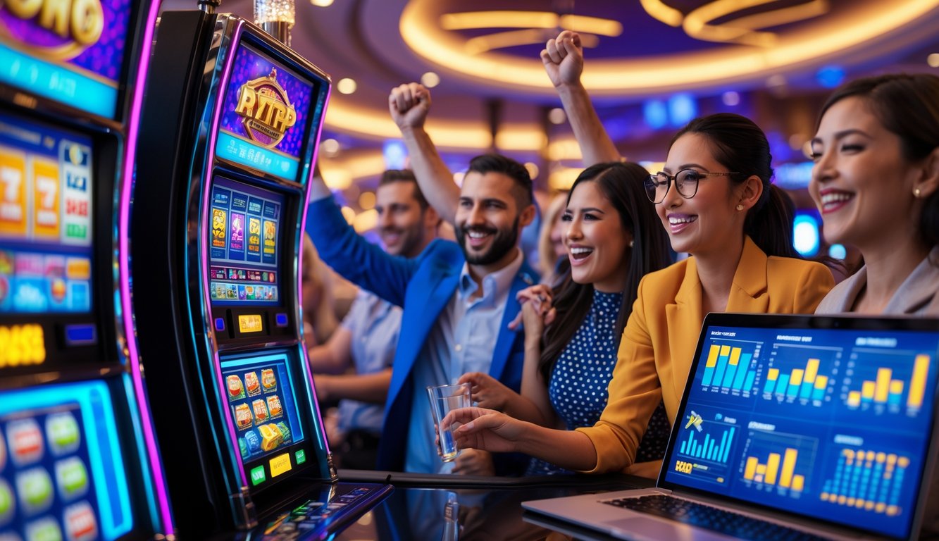 Beberapa orang bermain mesin slot di kasino yang terang dan modern dengan suasana penuh semangat dan layar menampilkan grafik di meja dekat mereka.