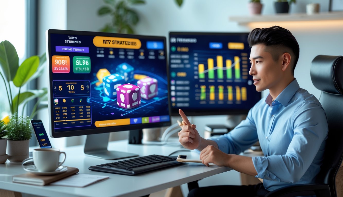 Seorang pria duduk di depan komputer dengan layar menampilkan permainan slot online dan data statistik, di ruang kerja yang rapi dan terang.