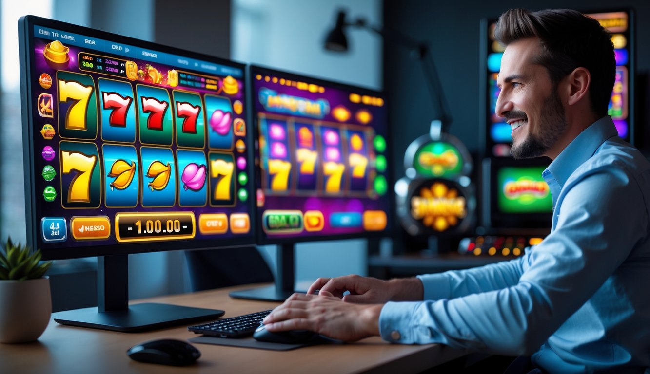 Seseorang sedang bermain mesin slot online di depan komputer dengan layar menampilkan permainan slot berwarna-warni.