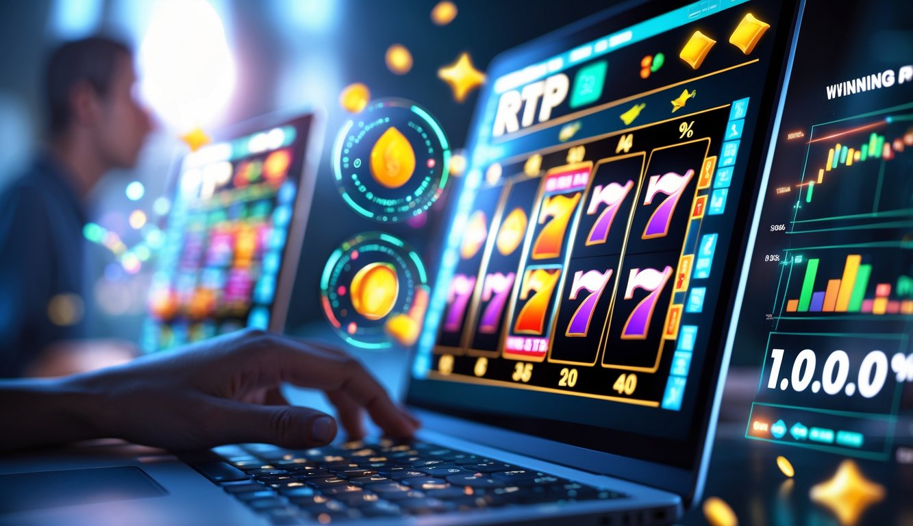 Seorang pemain menggunakan laptop dengan layar menampilkan mesin slot berwarna-warni dan grafik data yang menunjukkan peluang kemenangan.