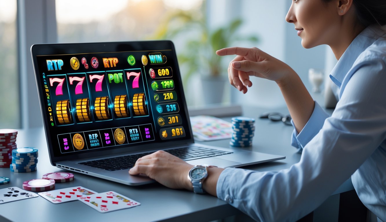 Seseorang duduk di meja dengan laptop yang menampilkan grafik mesin slot dan data, terlihat fokus dan strategis dalam suasana kantor rumah yang terang.