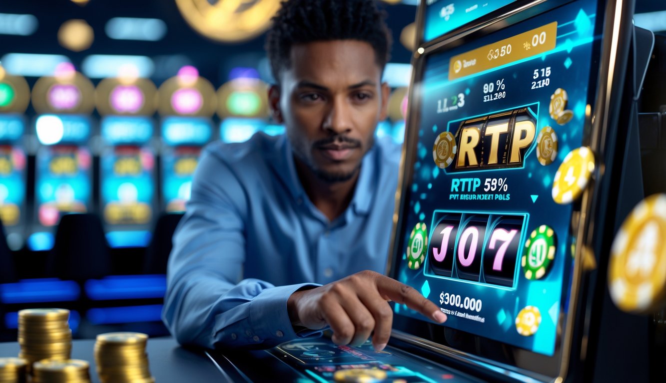 Seorang individu fokus menggunakan layar sentuh dengan tampilan permainan slot digital dan statistik RTP di latar belakang kasino modern.