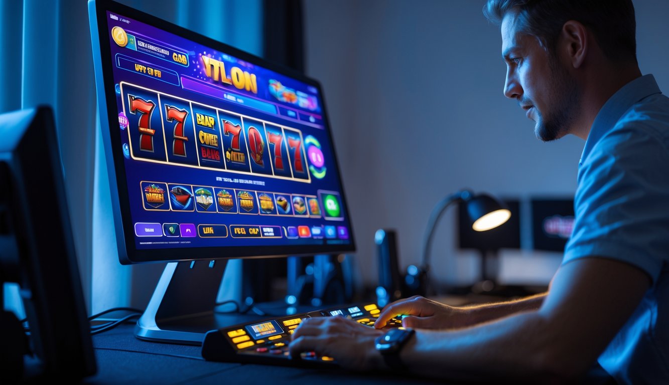 Seorang pemain dewasa menggunakan komputer dengan tampilan permainan slot online yang cerah di ruangan rumah yang rapi.