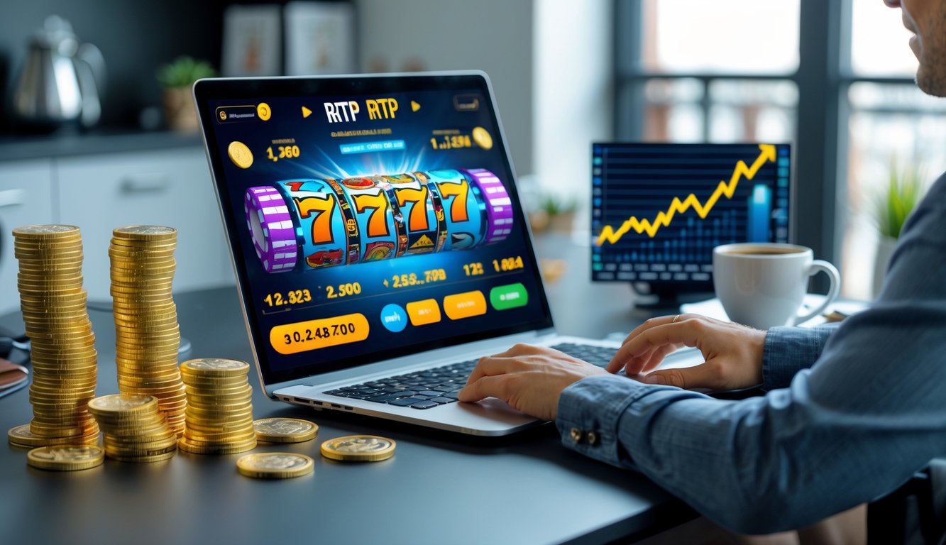 Seseorang menggunakan laptop dengan tampilan permainan slot online, dikelilingi tumpukan chip poker dan koin emas di meja kerja.