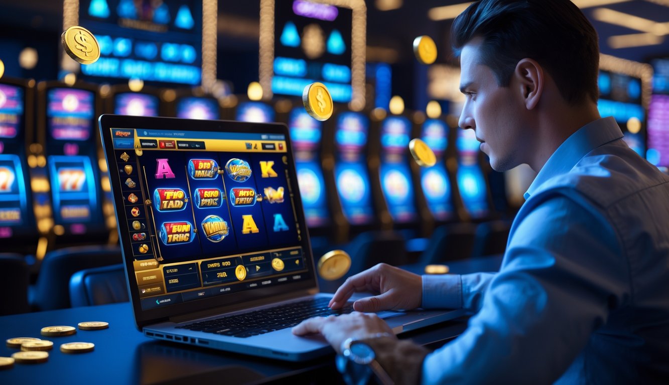 Seorang profesional sedang menggunakan laptop dengan tampilan permainan slot online dan grafik statistik di meja kerja modern.