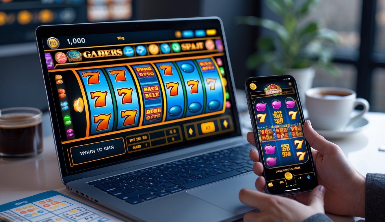 Seorang pemain sedang menggunakan laptop dan ponsel untuk bermain mesin slot online di meja kerja dengan suasana fokus dan strategis.